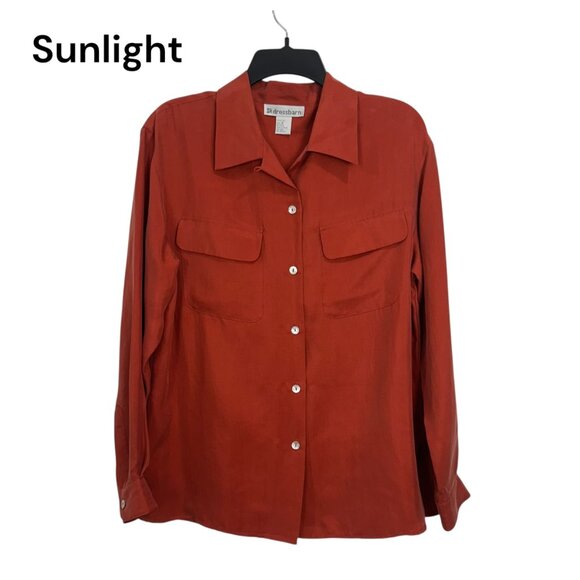 Dressbarn Womens Rust Orange Button-Down Long Sleeve Shirt Blouse SZ M 100% Silk - Picture 1 of 12